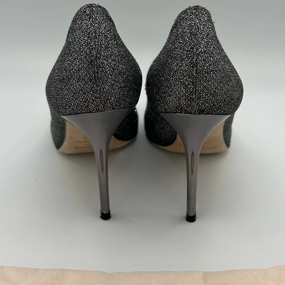 Jimmy Choo Sz 38.5 Shoes Silver Grey Glitter Women's Heels - Picture 6 of 11